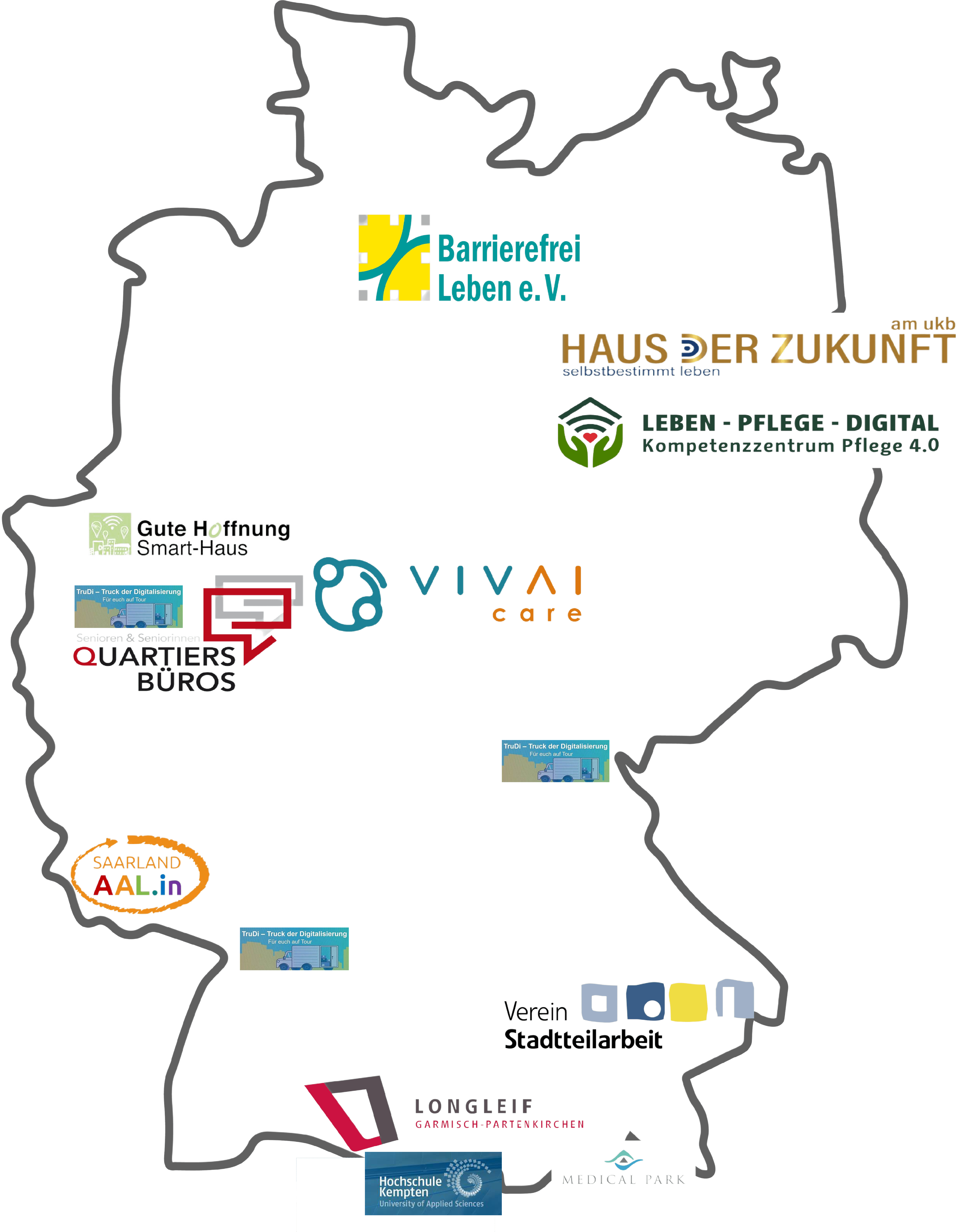 Deutschlandkarte aller LivingLabs in denen VIVAIcare ausprobiert werden kann